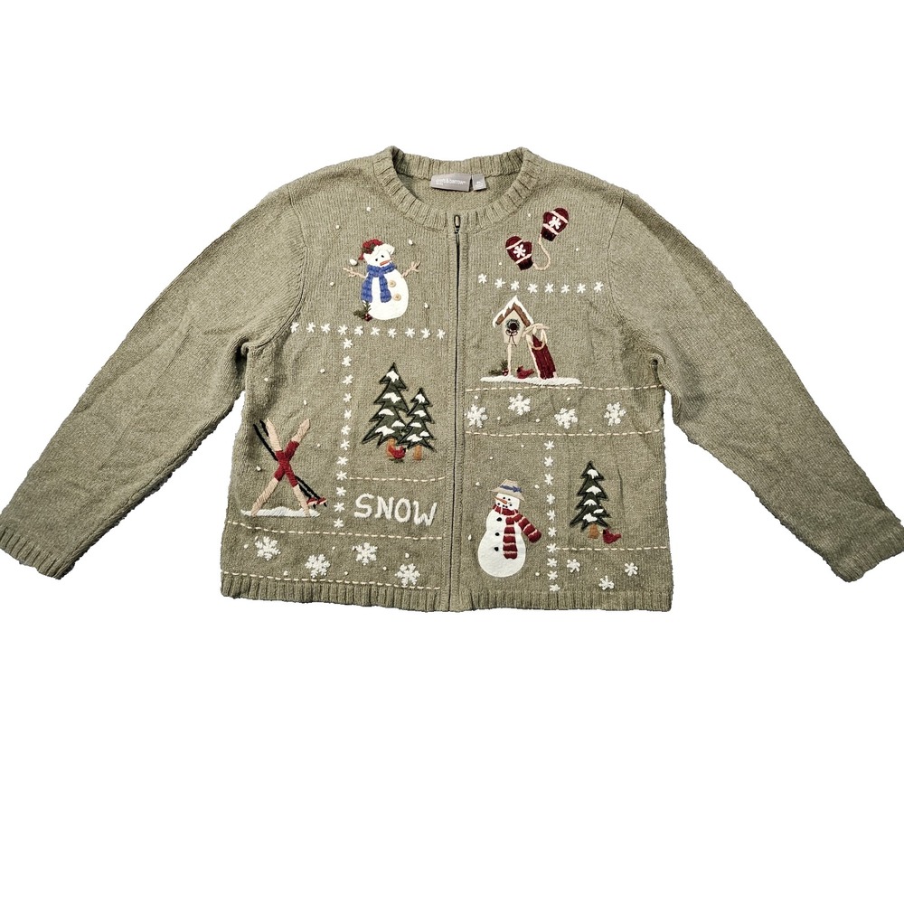 Croft & Barrow Zip Snowman Sweater Womens Petite Large Christmas Holiday Festive